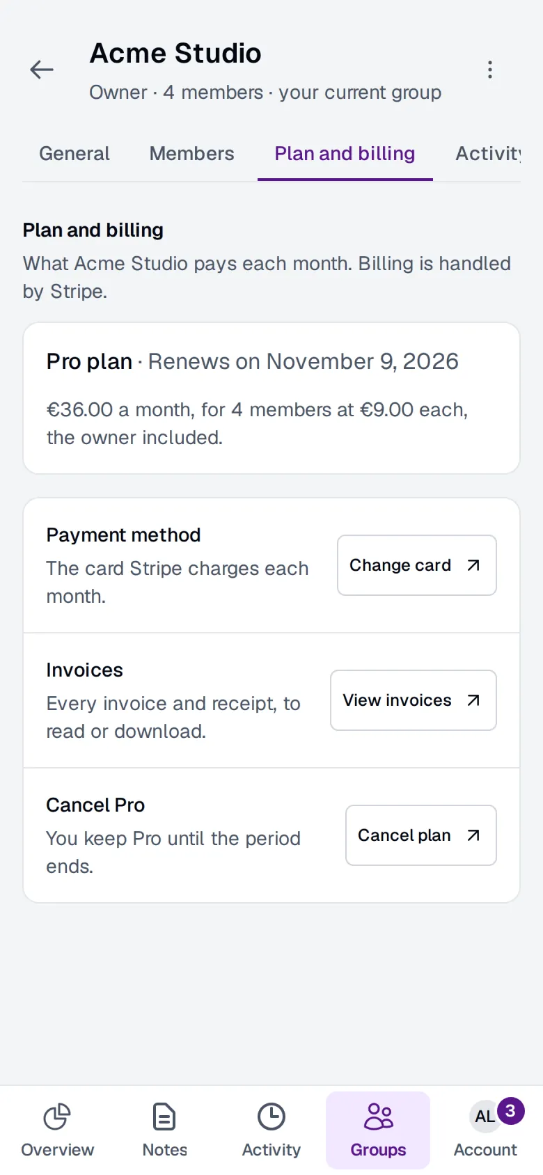 A sample group's plan in the demo app, at the demo's example prices: Pro plan with its renewal date, €36.00 a month, for 4 members at €9.00 each, the owner included.