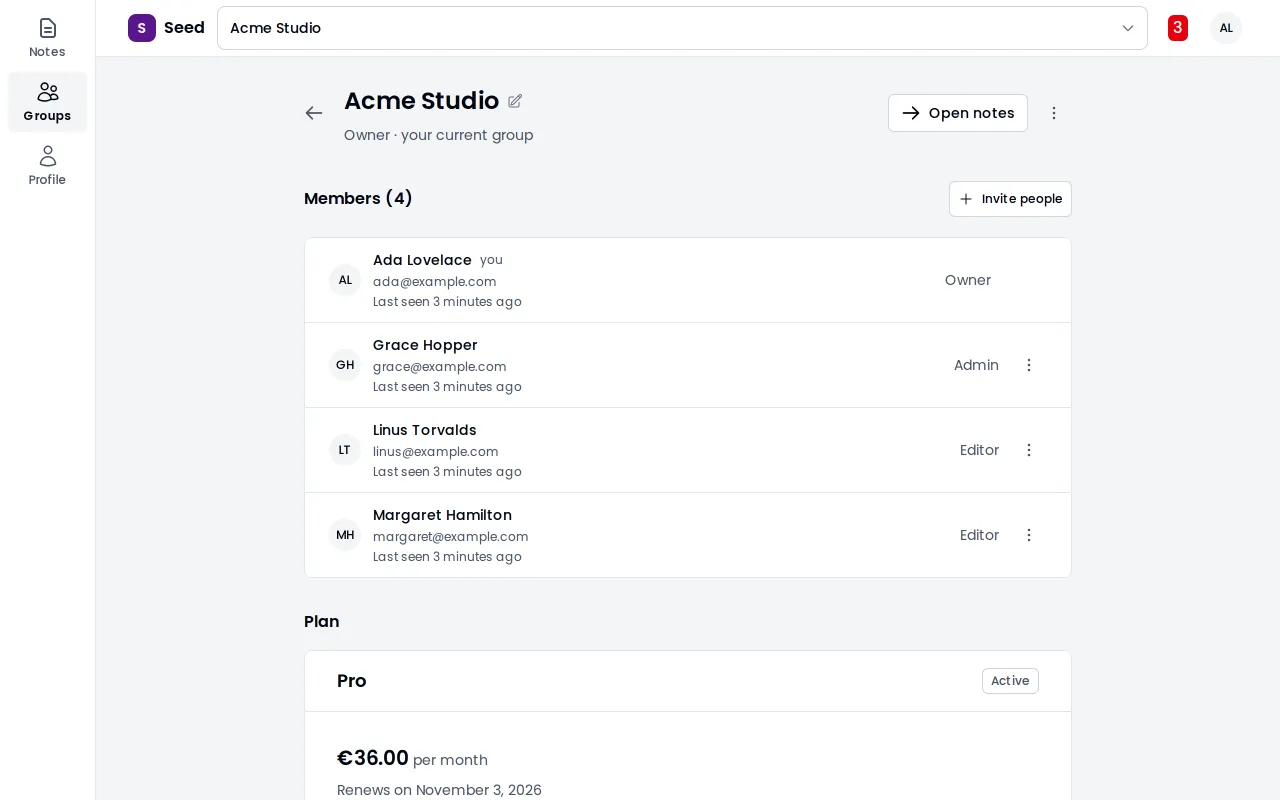 The members page of a group: each member with their role, and a button to invite someone.
