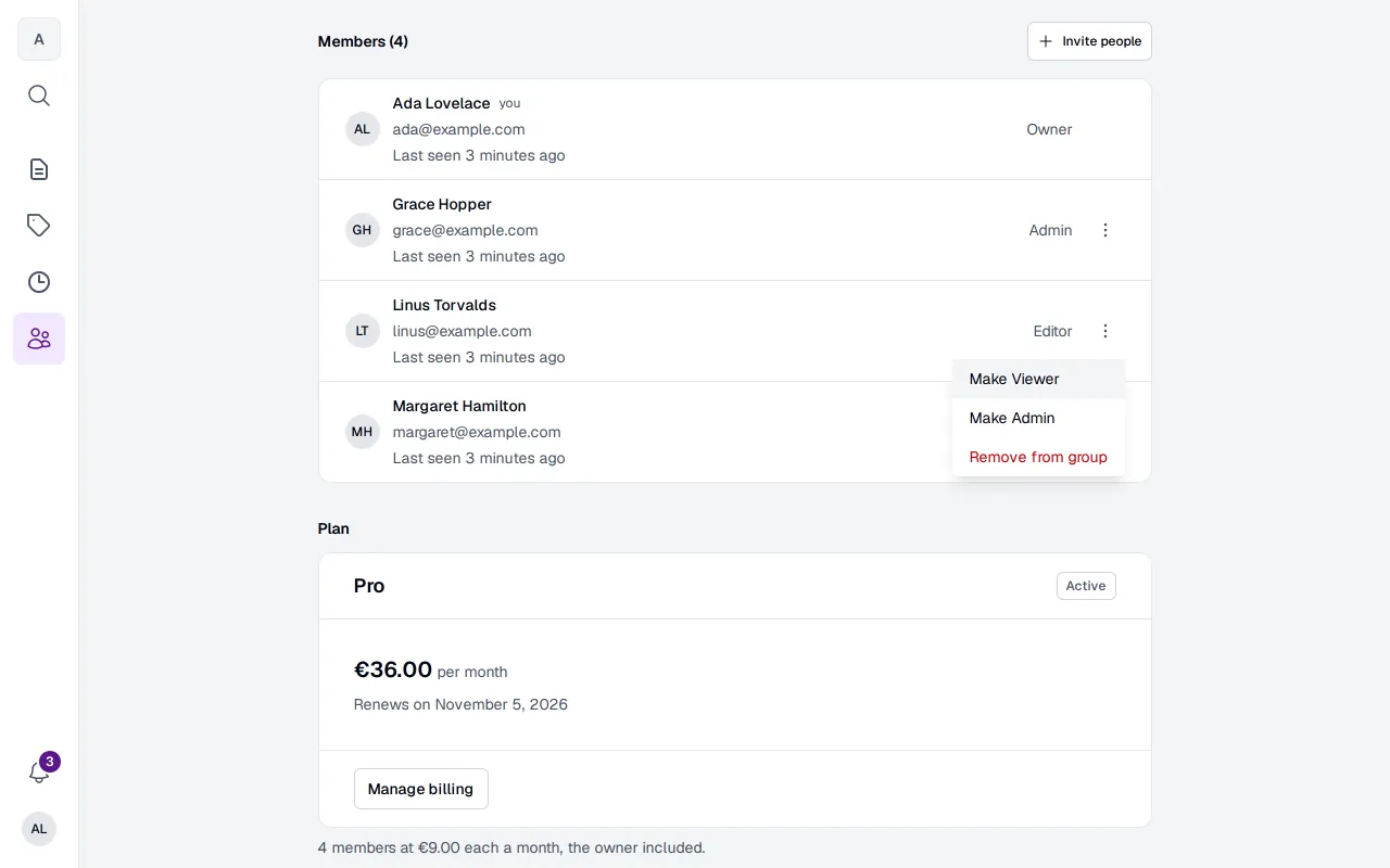The members of a team, each with their role, a button to invite people, and one member's menu open: Make Viewer, Make Admin, Remove from group.