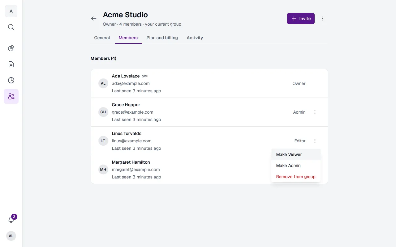 The members of a group, each with their role, a button to invite people, and one member's menu open: Make Viewer, Make Admin, Remove from group.