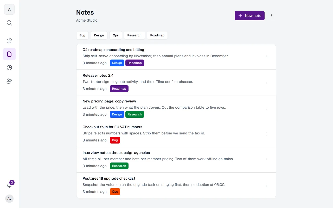 The notes screen of the Seed web app: a list of a group's notes with their tags and when each changed, and a button to add one.