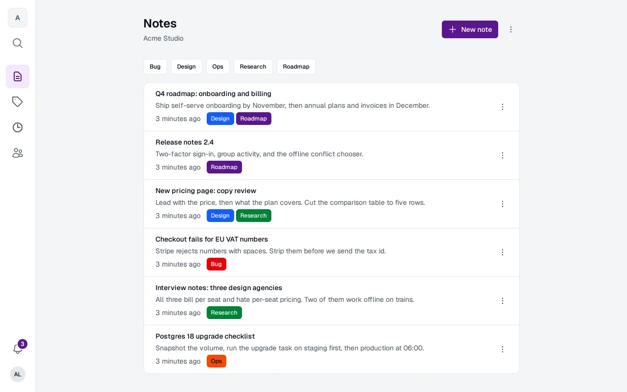 The notes screen of the Seed web app: a list of a group's notes with their tags and when each changed, and a button to add one.