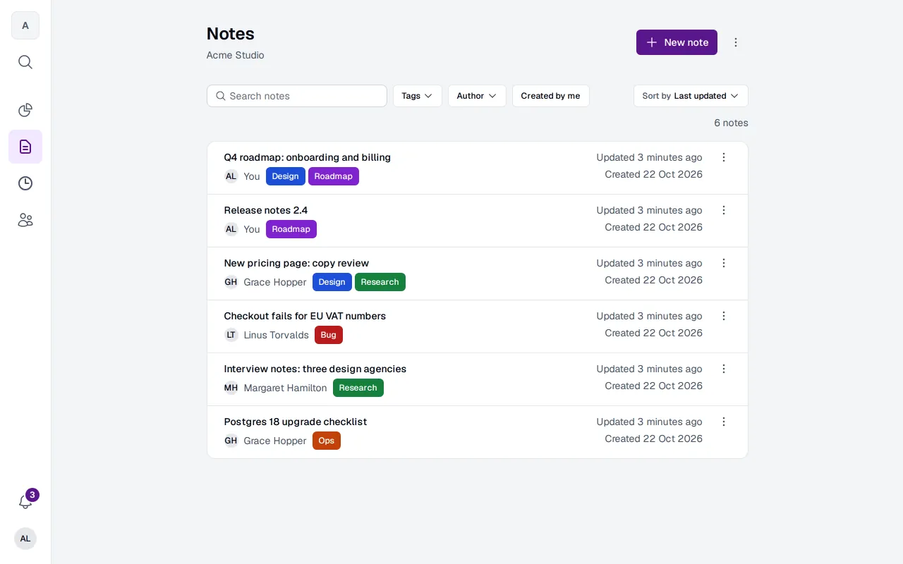 The notes screen of the Seed web app: a search box, filters by tag and author, a Created by me filter and a sort menu above a list of a group's notes, each with its author, its tags, when it was updated and when it was created, and a New note button.
