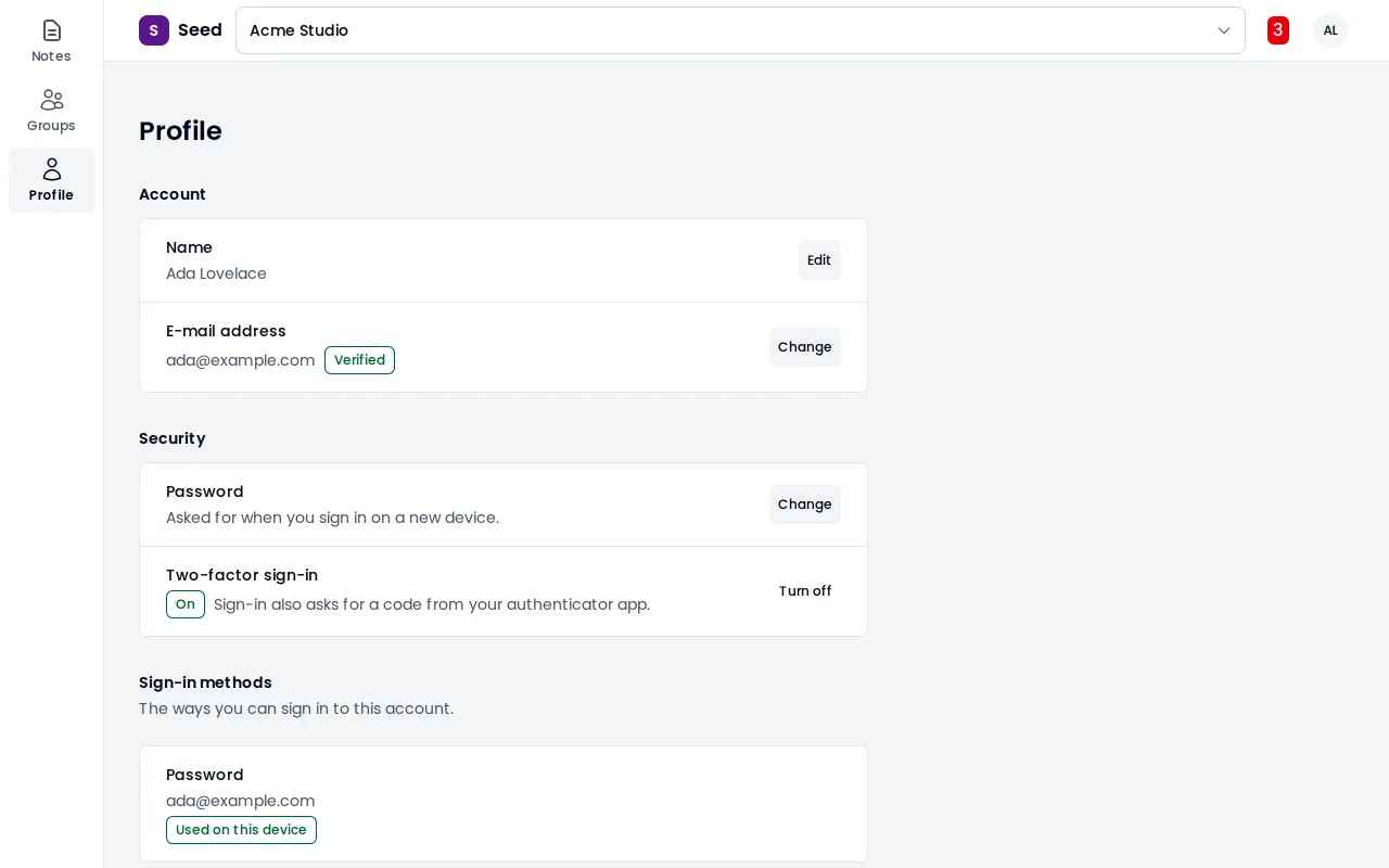 The security page of a profile: the sign-in methods, the second factor and the open sessions.