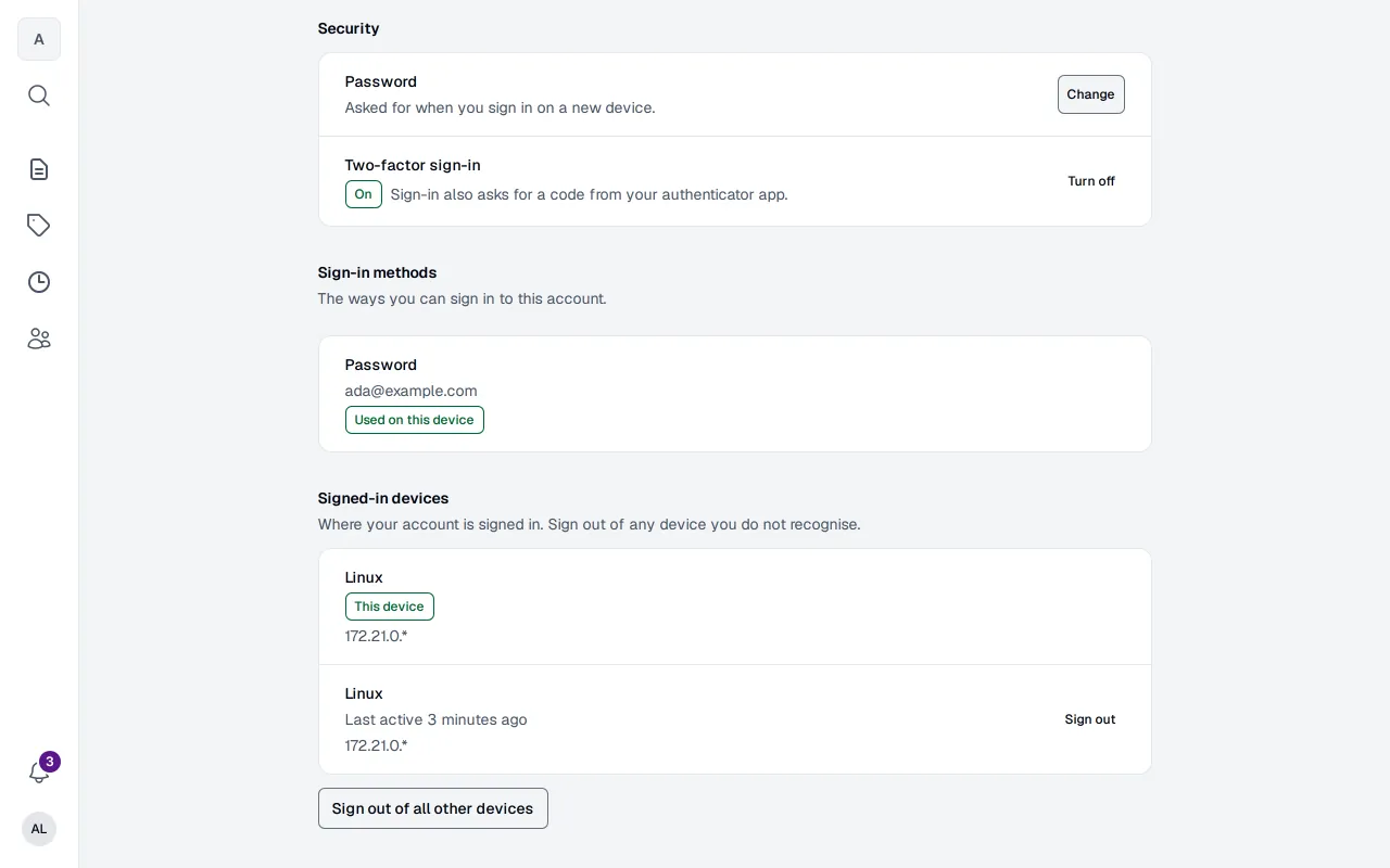The security page of a profile: the sign-in methods, two-factor authentication (2FA) and the open sessions.