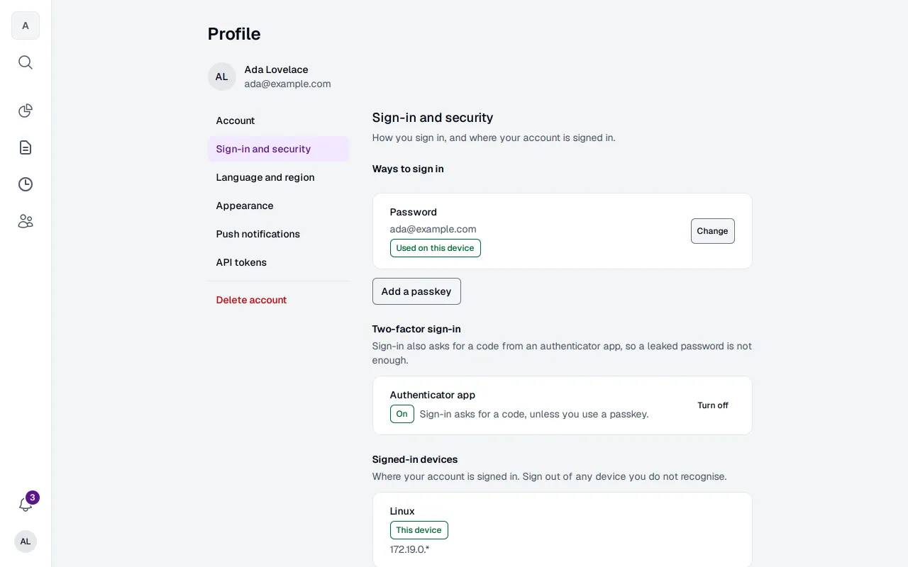 The security page of a profile: the sign-in methods, two-factor authentication (2FA) and the open sessions.
